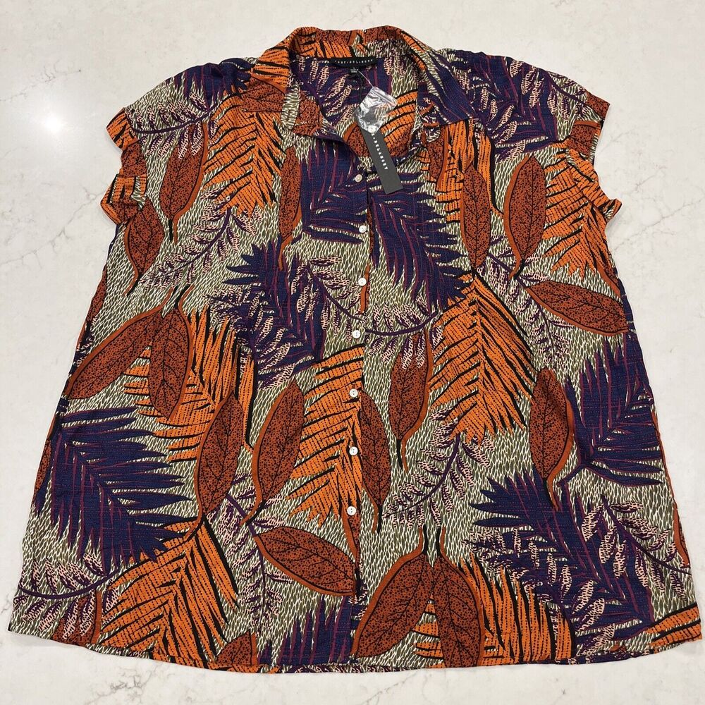 Jane & Delancey NEW‎ Womens Large Button Down Shirt Leaf Print Cap Sleeve Tunic